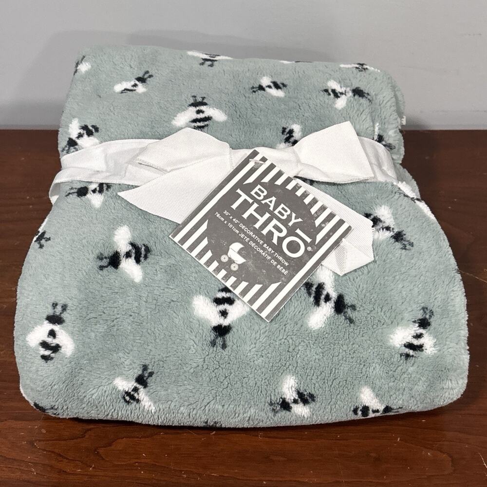 Baby Thro Bumble Bee Blanket Blue Green Soft Plush Security Unisex Lovey New